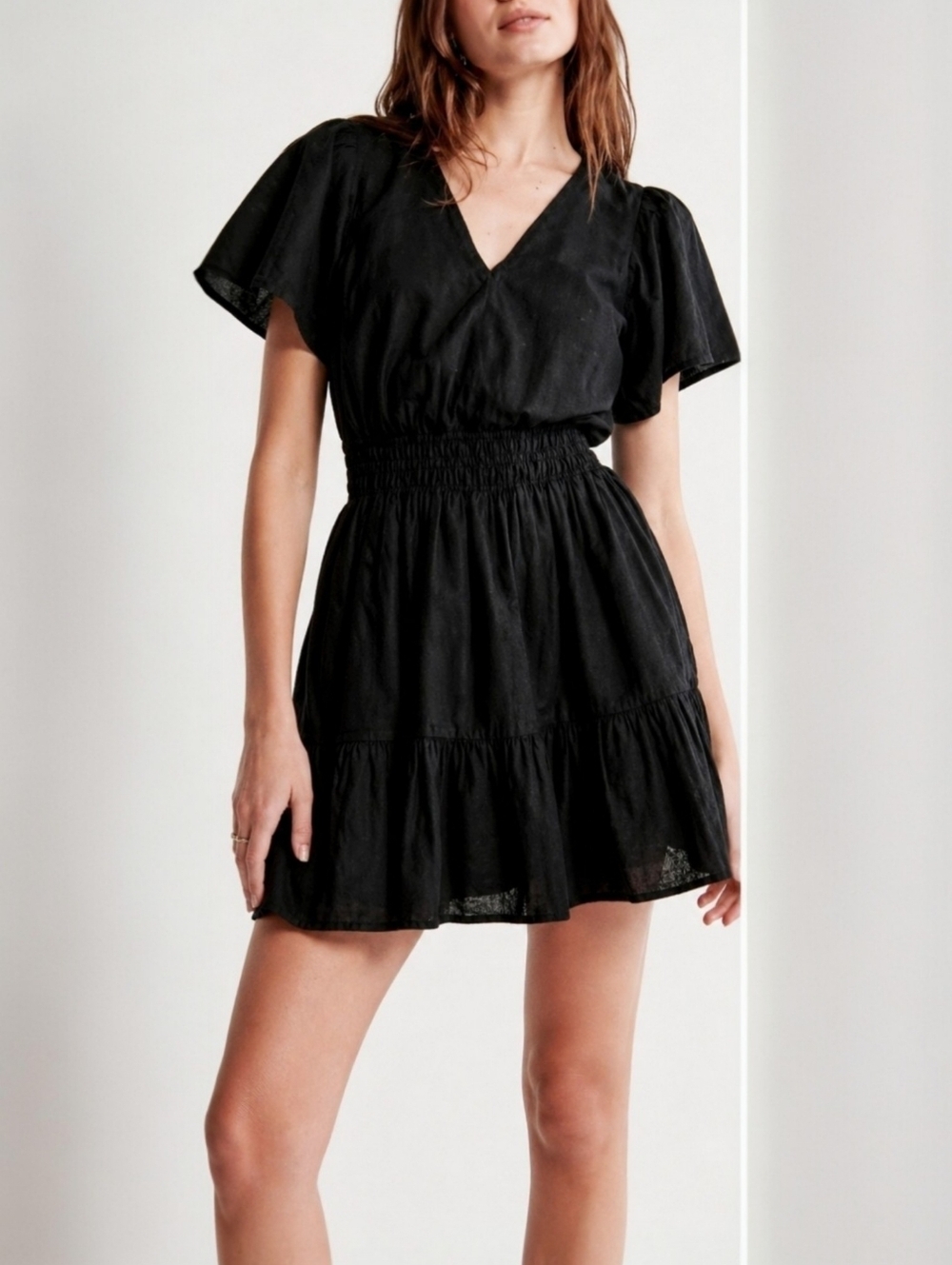 Abercrombie & Fitch Black Linen Blend Mini Dress Smocked Waist Flutter Sleeve S
